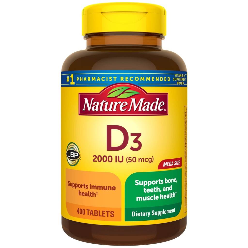 Nature Made Vitamin D3 2000 IU (50 mcg), Vitamin D dodatek pro kosti, zuby, svalovou a imunitní podporu zdraví, 400 Tablety, 400 denní zásobování