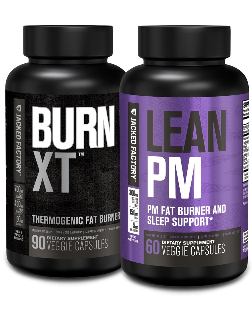 Jacked Factory Burn XT Termogenní spalovač tuků - Appetite Conpressant & Nootropic Energy Booster (90 Kapsle) & Lean PM doplněk hubnutí, Podpora spánku 124; (60 Kapsle)