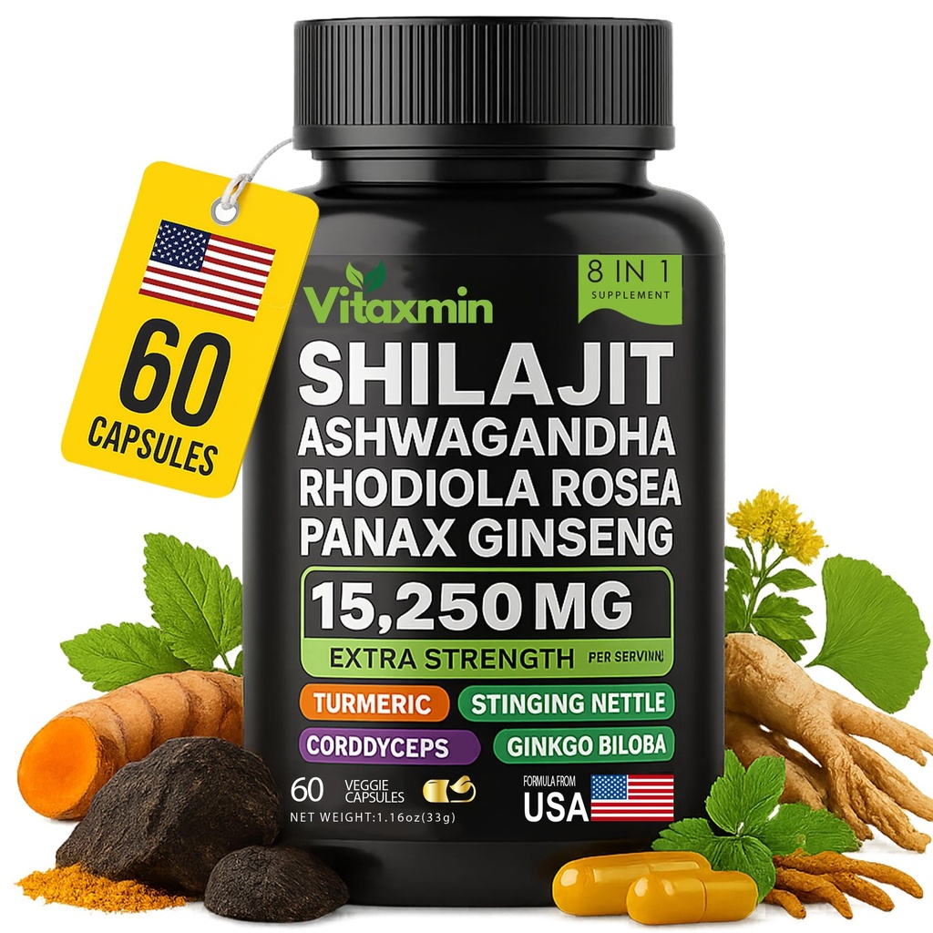 Shilajit a Ashwagandha Kapsle, 8- in-1 Herbal Multivitamin pro muže a ženy, s Rhodiola Rosea, Ginseng, a štípající Nettle, Shilajit pro muže a ženy