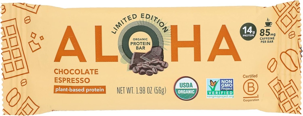 Aloha Organic Chocolate Espresso Protein Bars, 14g Plant- based Protein, 85mg kofein, USDA Certified Organic, gluten Free & Non- GMO, 1.98 Oz (balení po 12)