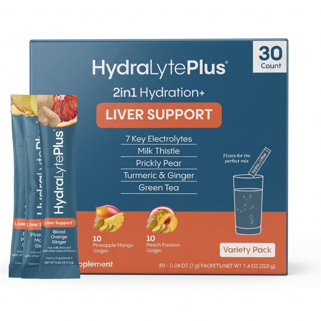 Hydralytová jaterní podpora + Electrolyte Mix s mléčným bodlákem, kurkuma, zázvor, pikantní hruška, zelený čaj extrakt připravený pro rychlou rehydrataci (Variety Flavor, 30 Packets)