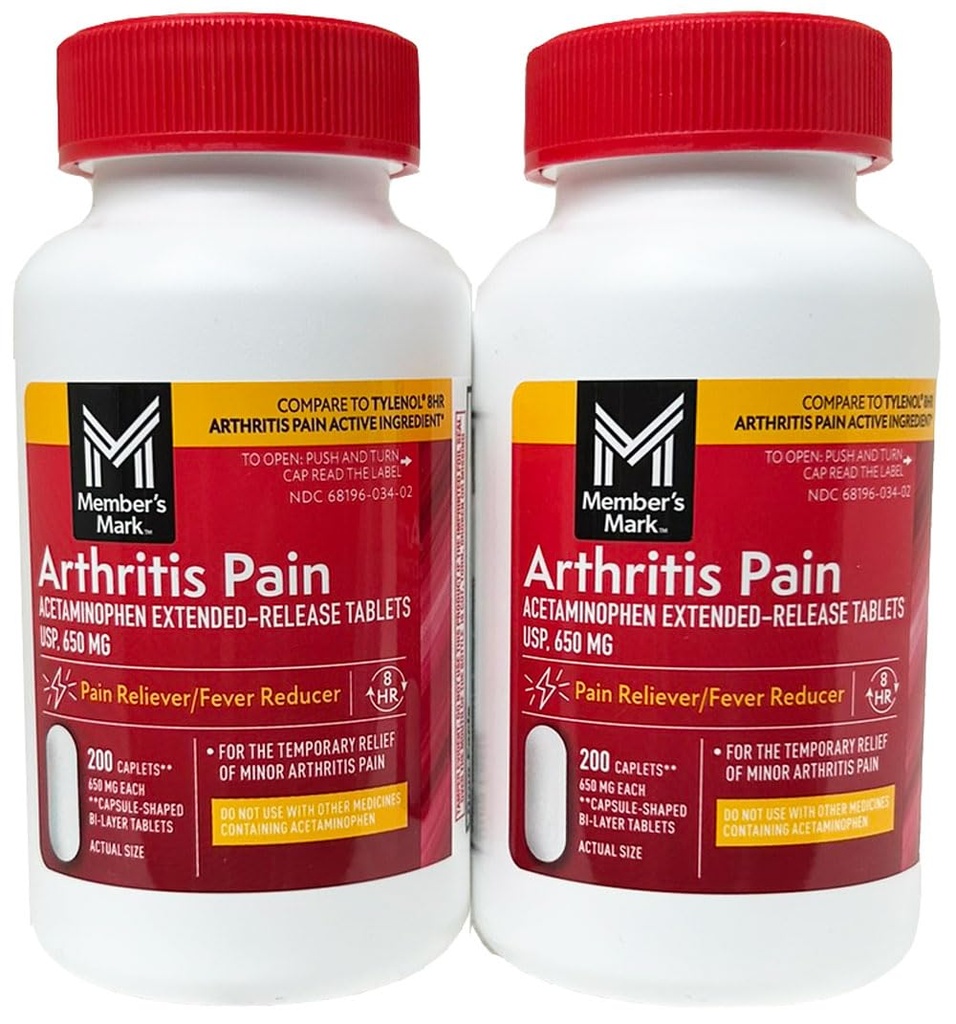 Porovnat s Tylenol Artritida Bolest Aktivní složka. - Member 's Mark - Artritis Pain Reliever, Extended Release, Acetaminophen 650 mg, 400 CapletsQ