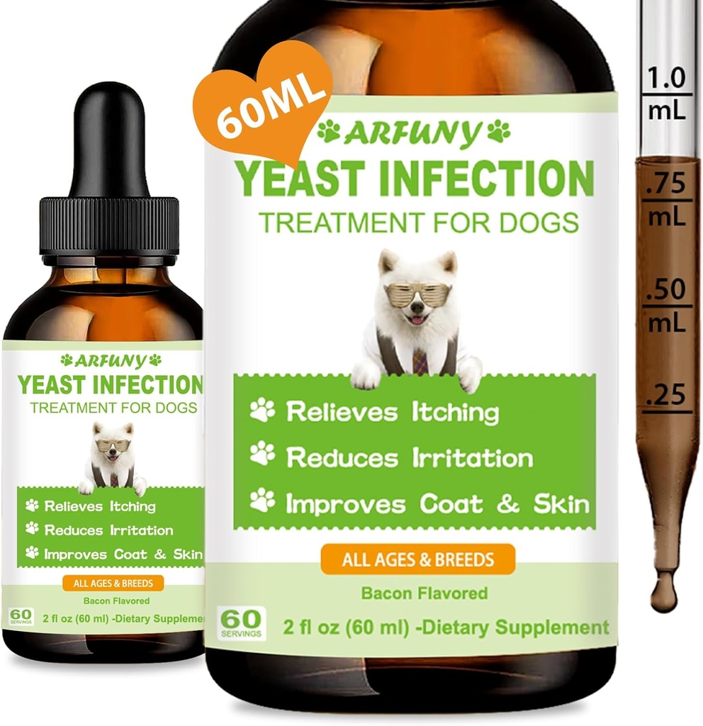 Natural Yeast Infection Treatment for Dogs CLAS124; 60ML podporuje zdravou Itch Relief CLAS124; Dog Yeast Ear Infection Treatment CLAS124; Dog Infection Relief, Alergie Relief & Skin Itch Relief 124; 2 fl oz, Bacon Flavor