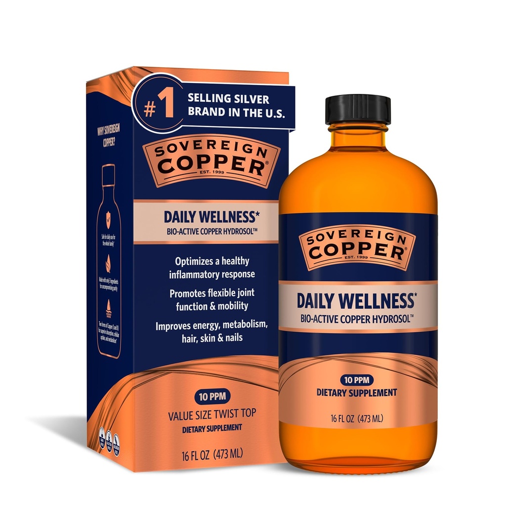 Sovereign Bio-Active Copper Hydrosol - Biologický Colloidal Copper Liquid Supplement pro dospělé a děti se stříbrným hydrosolem pro imunitní podporu, vlasy, kůži a nehty - 16 fl oz (473ml)