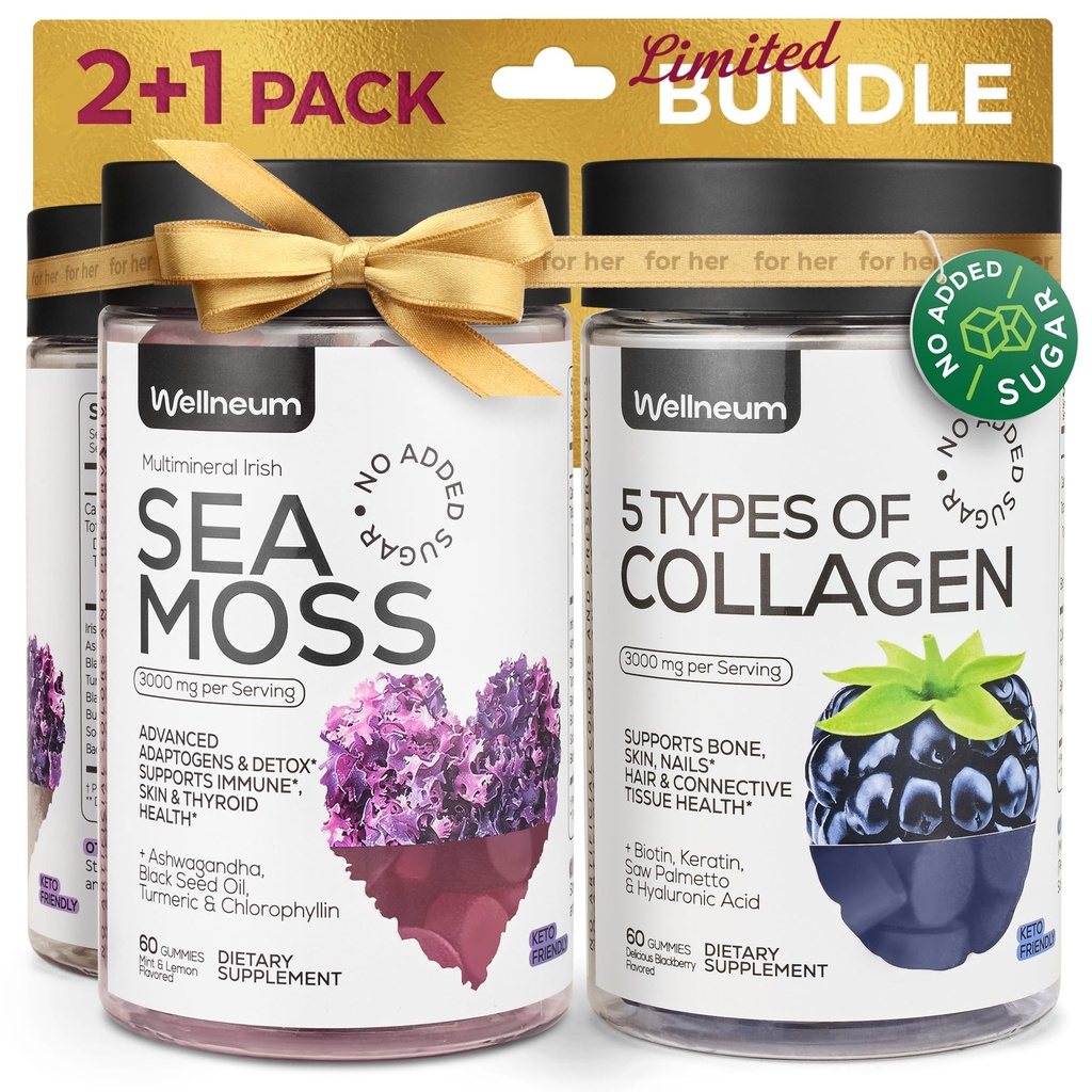 Kolagen a Moss Moss Gummies Bundle - Kolagen Peptides, Irské moře Moss, Biotin, Keratin, Bladderwrack - Gummy dodatek pro imunitu, detox, zdravé vlasy, kůže a nehty - pro muže a ženy