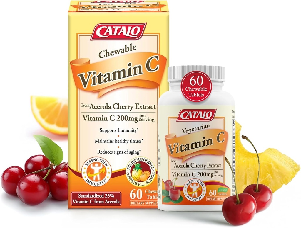 CATALO Vitamin C Formule - Acerola Cherry Extract, 200mg Vitamin C per Serving, Omlazení kůže, Kolagenová výroba, Delicious Orange & Ananas Flavor, 60 Žvýkací tablety
