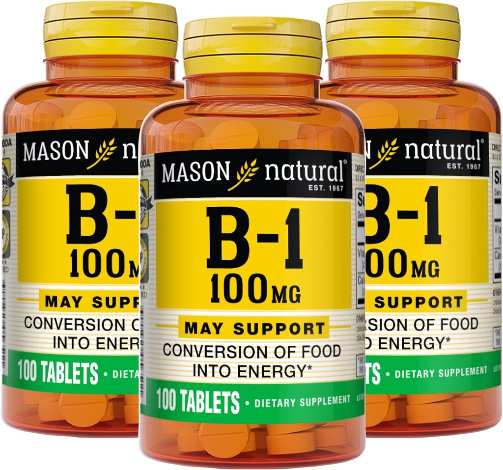 Mason Natural Vitamin B1 (Thiamin) 100 mg, Zdravá přeměna potravin na energii, podporuje nervové a imunitní zdraví, 100 tablet (balení po 3)