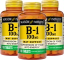Mason Natural Vitamin B1 (Thiamin) 100 mg, Zdravá přeměna potravin na energii, podporuje nervové a imunitní zdraví, 100 tablet (balení po 3)