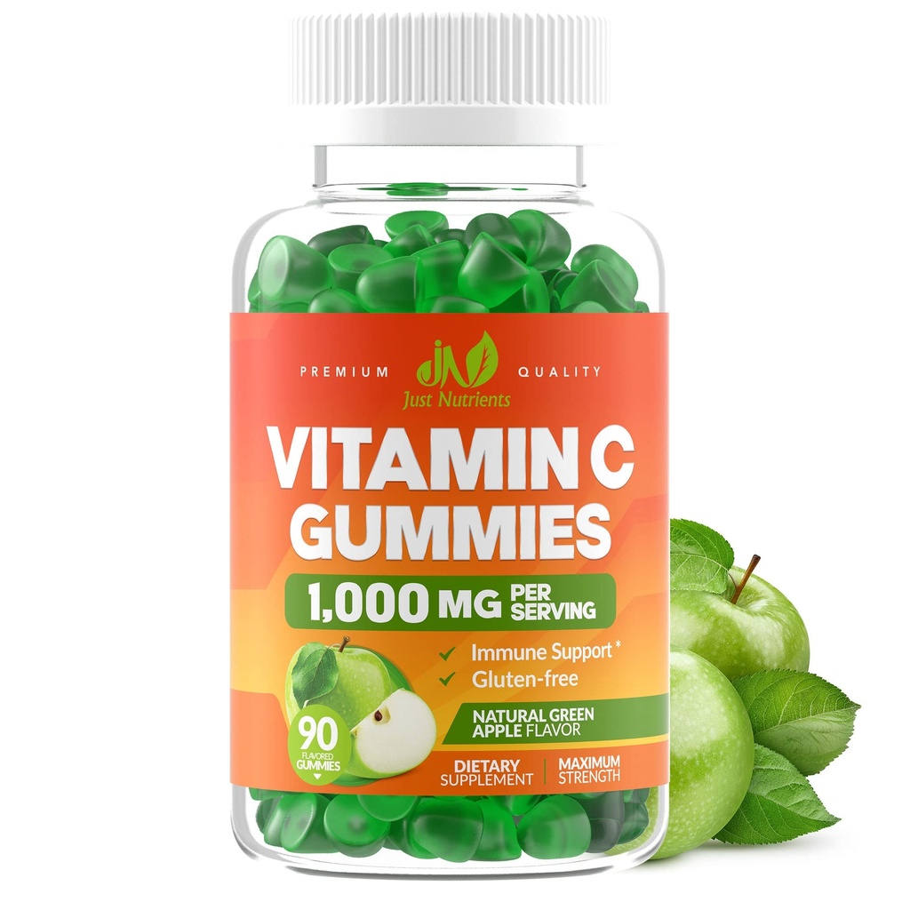 Vitamin C Gummies 1000mg pro dospělé a děti - Maximální síla Žvýkací imunitní podpora, Kolagen Support - Sour Green Apple Flavor - Gluten Free, Non- GMO, Vegetarian - 90 Gummies (30 Služeb)