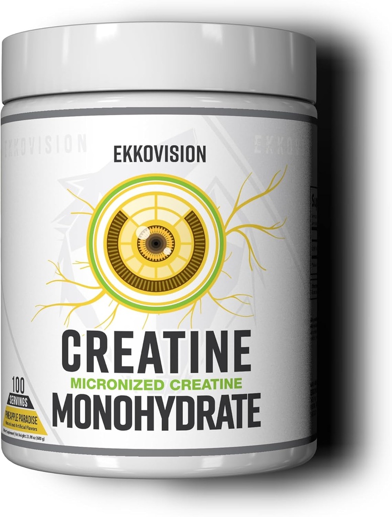 Ekkovision Creatin Monohydrát Powder, Mikronizovaný, Ananas Paradise, Pre Workout & Post Workout Dodatek pro muže a ženy, Energetická podpora, Snadná mix v třeseních, Smoothies & Nápoje, 100 Srvgs