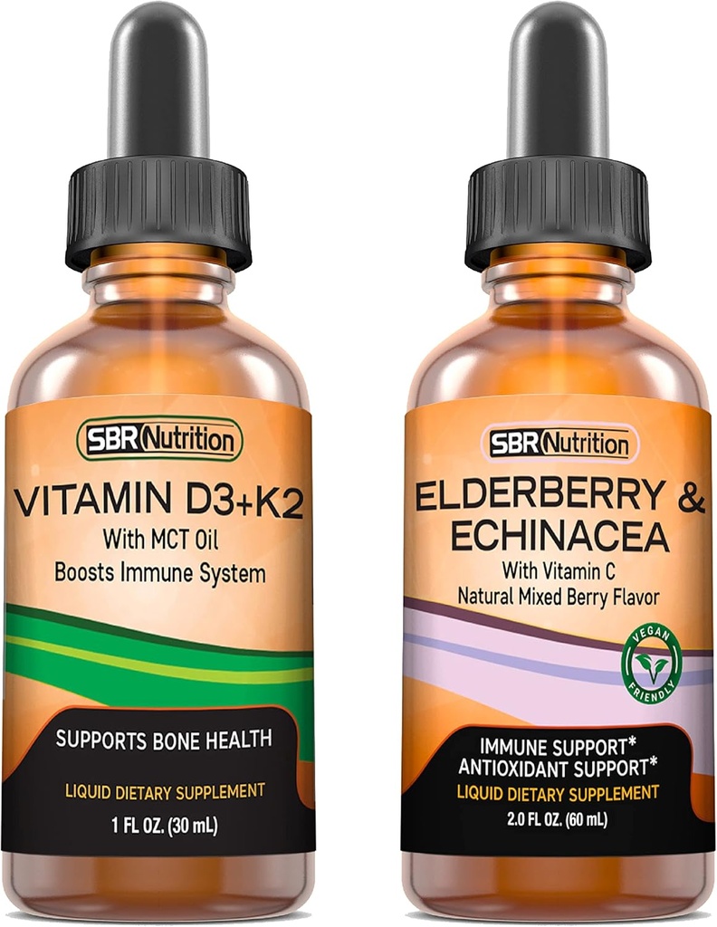 SBR Nutrition D3 + K2 and Elderberry Bundle Vitamín D3K2 (MK7) Liquid Drops, Peppermint, 1oz Gluten Free
