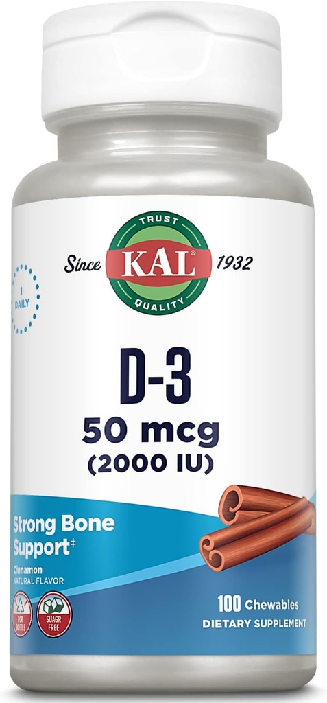 KAL Vitamin D3 Chewables 50 mcg, Vitamin D 2000 IU jako cholekalciferol, Sugar Free, Natural Cinnamon Flavor D3 Vitamin, Imunite Support & Bone Health, 100 Servings, 100 Chewables