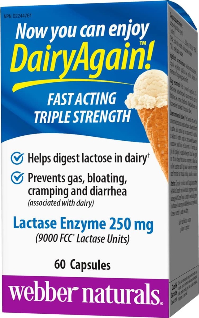 Webber Naturals Dairy opět 250mg Lactase Enzyme Triple Strength, 60 Kapsle