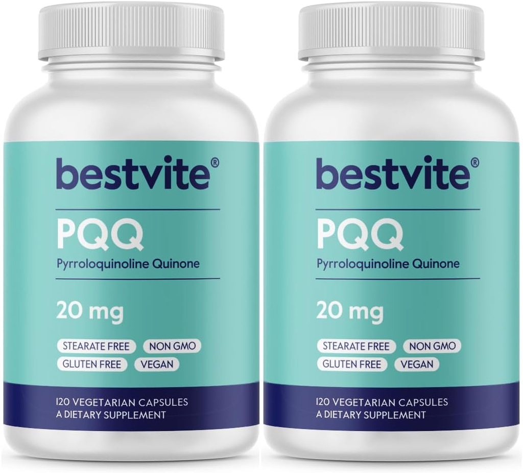 BESTVITE PQQ 20mg (Pyrrolochinolin Quinone) (240 Vegetariánských kapslí) (120 x 2) - No Stearates - Vegan - Non GMO - gluten bez