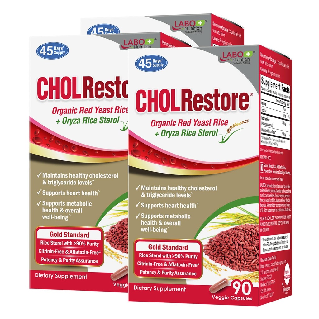 LABO Nutrition CHOLRestore - Červená kvasinková rýže s fytosterolem doplněk zdraví, podporuje zdravé hladiny cholesterolu, Citrinin & Aflatoxin zdarma, 90 Vege kapsle 3x3