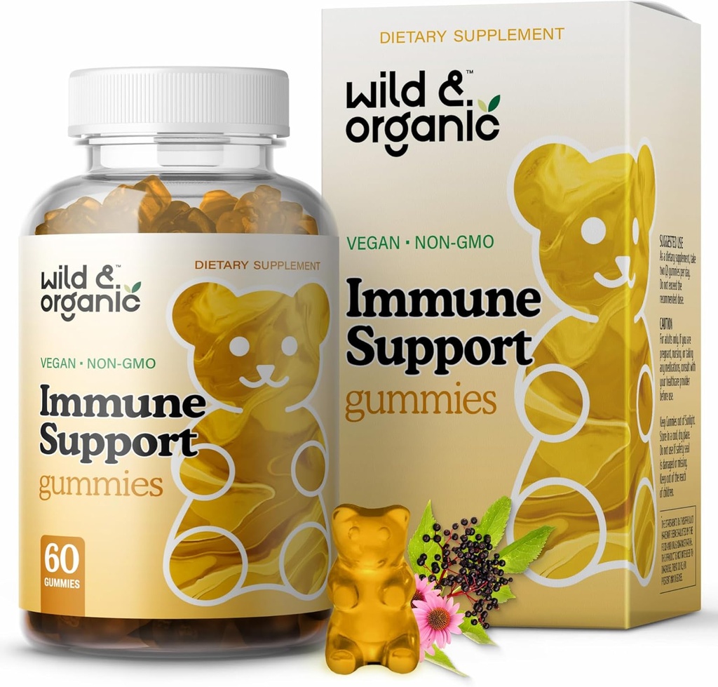 Gummie na podporu Wild & Organic Immunication Support - Elderberry 1000mg & Vitamin C 500mg - Doplněk na přírodní imunitní podporu - Veganské gumy na imunitu s vitaminem C D Zinek - 60 Počet