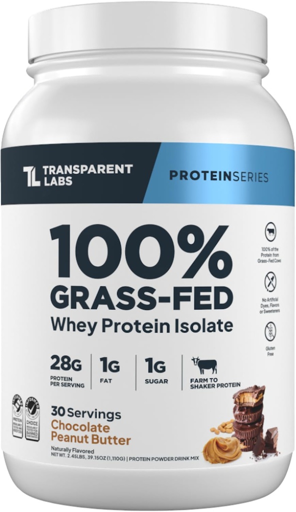 Transparentní Labs Grass- Fed syrovátkový izolát - přirozeně ochucený, gluten zdarma syrovátkový protein prášek s 28g bílkovin per Serving & 9 aminokyseliny - 30 Služeb, čokoládové arašídové máslo