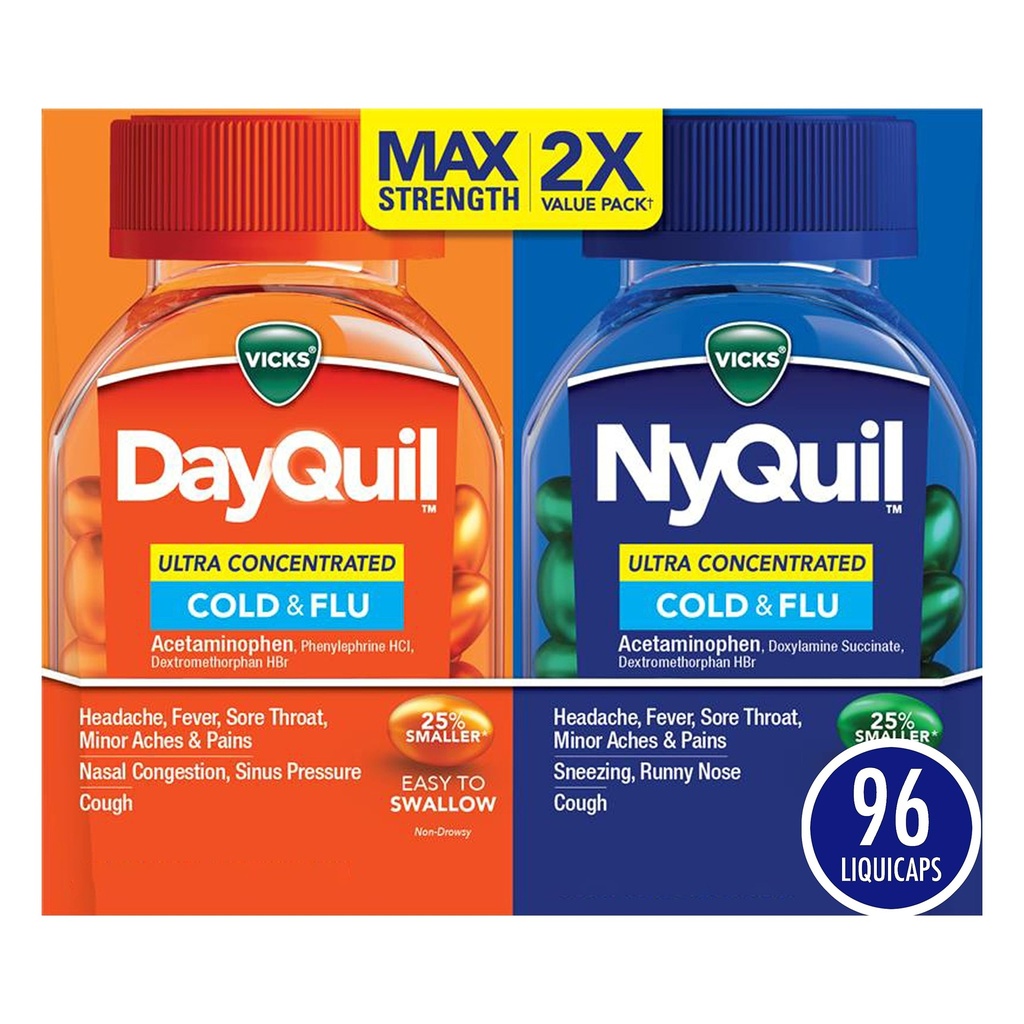 Vicks DayQuil & NyQuil Ultra koncentrát Liquicaps Co- Pack, Cold & Flu Medicine, Výkonný multi- Symptom Daytime & Nighttime Relief for Head, Fever, Sore Throat, Minor Aches & Pains, & Cough, 96ct