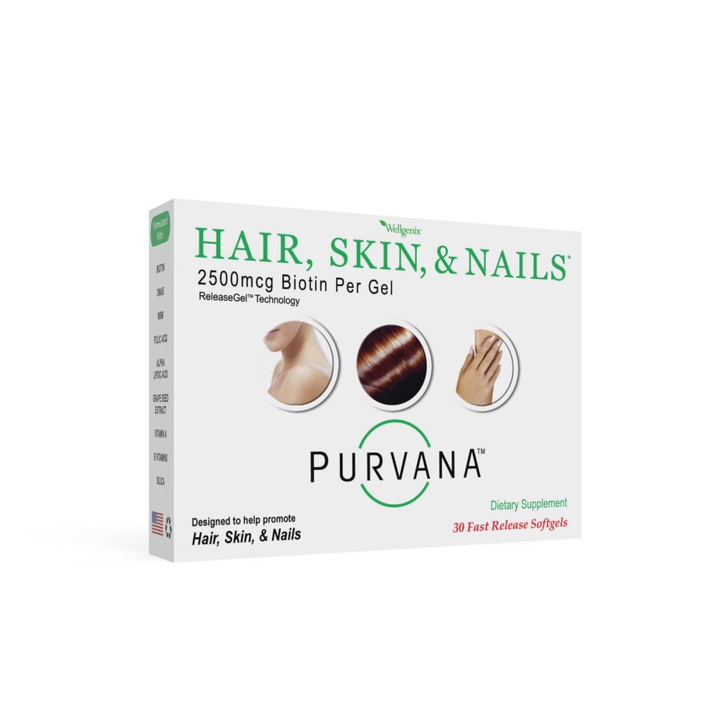 Wellgenix Purvana Vlasy, kůže, a nehty Vitamin - 2500mcg Biotin, kyselina listová, DMAE, Grape Seed Extract - Jeden den Softgels - PCOS & Postpartum Hair Loss Support - (30 Počet)