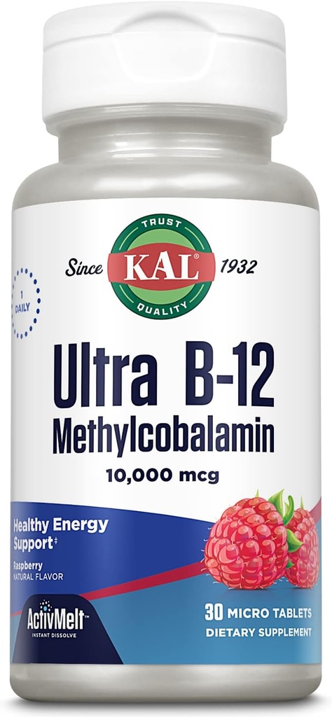 KAL Ultra B12 Methylkobalamin 10,000mcg, High potency vitamin B-12 pro zdravou energii, metabolismus, Nerve, Red Blood Cell Support, * Natural Raspberry Flavor, Vegetarian, 30 Micro Tablety, 30 Servings