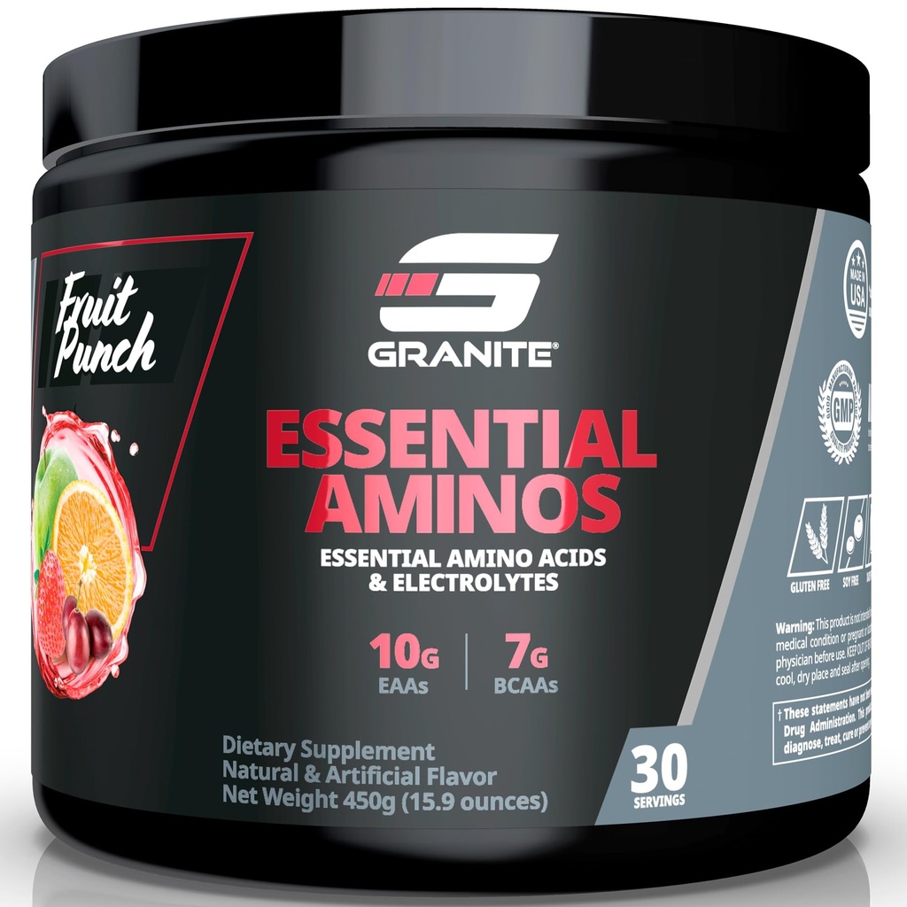 Granitová esenciální aminokyseliny Powder for Muscle Recovery and Growth with 10g EAA and 7g BCAA - Soy- Free, gluten- Free, 448g (30 Serving), Fruit Punch Flavor