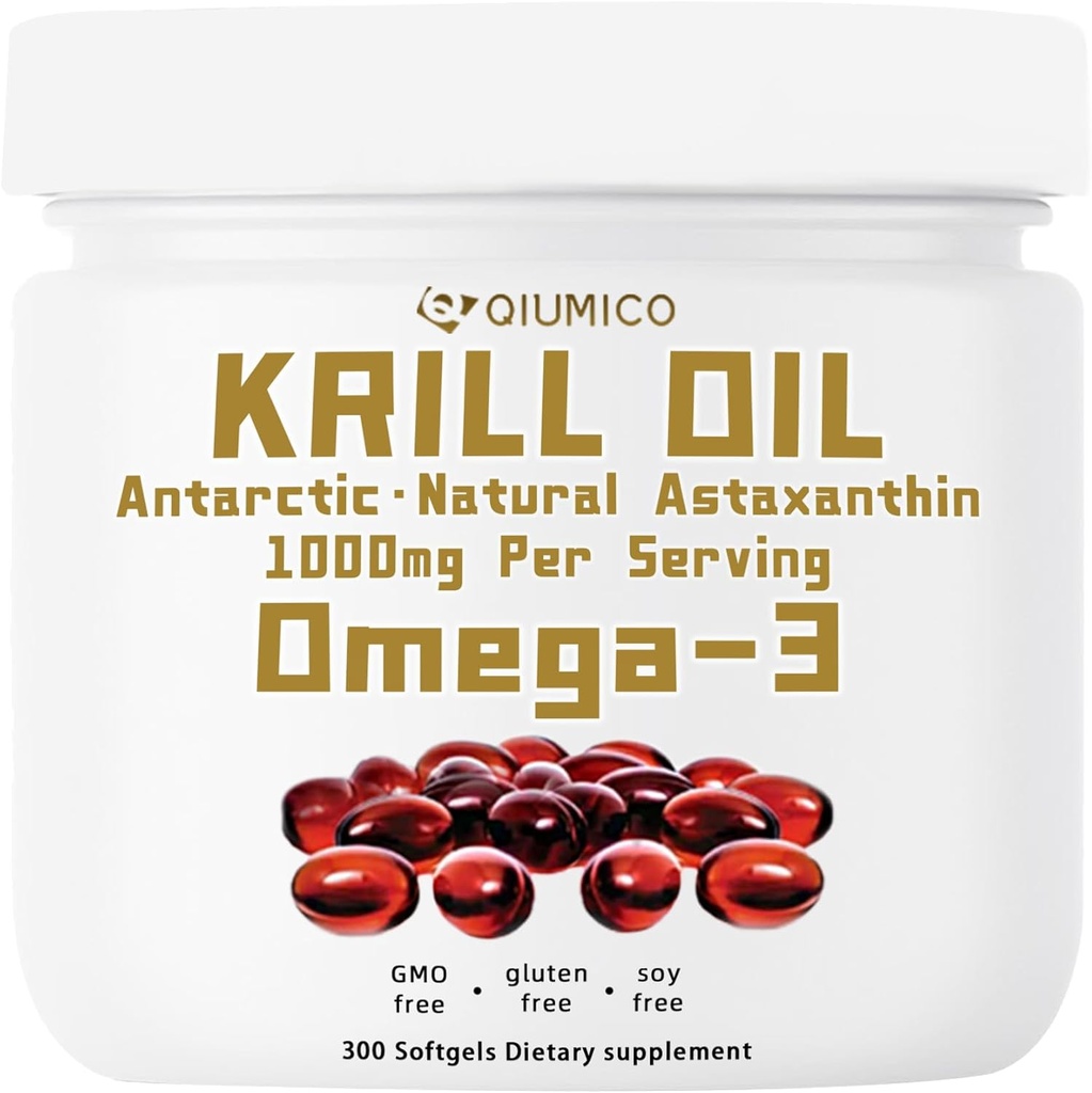 Dodatek k antarktickému krilu, bohatý na Omega-3s EPA, DHA & Astaxanthin, 1000mg per Serving, dodatek pro srdce a imunitu, 300 Soft- gely