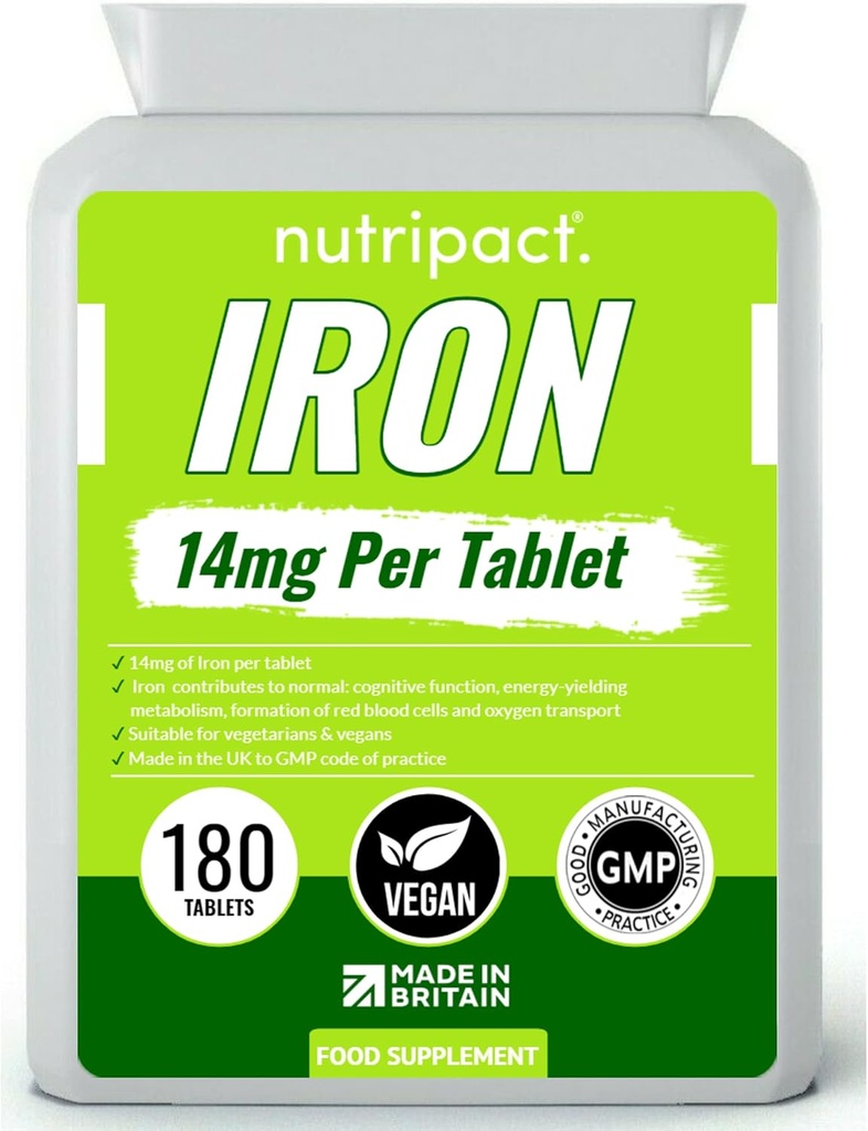 Železné tablety 14mg - Snadné spolknutí jednodenní formule - Pomáhá snížit únavu a únavu, Energy Booster, Podporuje imunitní systém, Formace červených krvinek - 6 měsíční dodávky - 180 Vegan dodatek