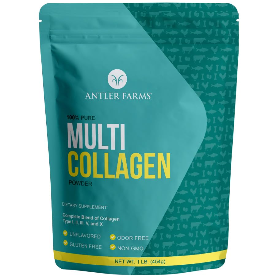 Antler Farms - Multi kolagen protein prášek - 5 typů (I, II, III, V, a X) 100% čistý hydrolyzovaný kolagen Peptidy pro muže a ženy - Biologicky dostupné, Rychlá absorpce - Neochucené - 1 LB