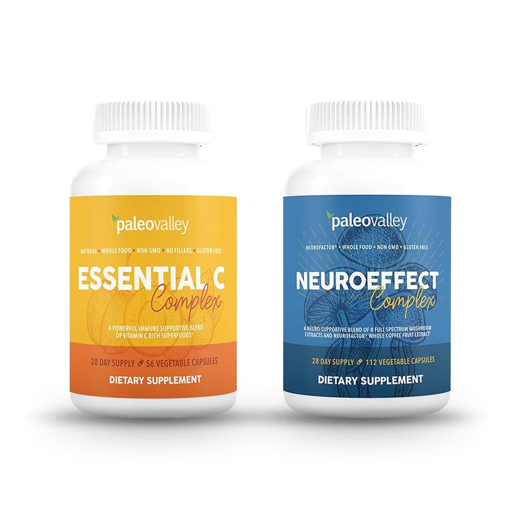 PaleoValley NeuroEffect + Essential C Complex Bundle - Neuro Houba kávový extrakt, vitamín C doplněk 450g Focus, Paměť, Energie, Imunitní podpora, Organic Superfoods