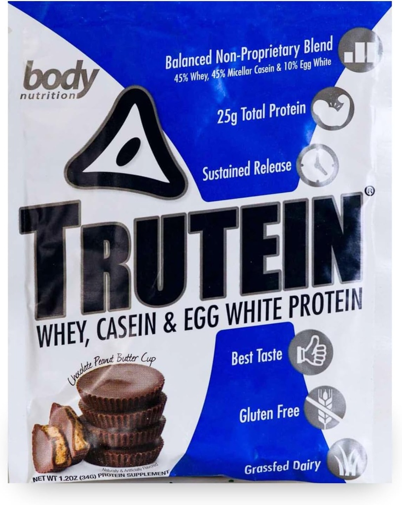 Body Nutrition Trutein High Protein Powder: 45% syrovátka, 45% kasein, 10% vejce bílá, gluten- free, nízký sodík, tráva Fed syrovátka protein, Gym dodatek & Breakfast Shake, Čokoládové arašídové máslo, 34g Vzorek