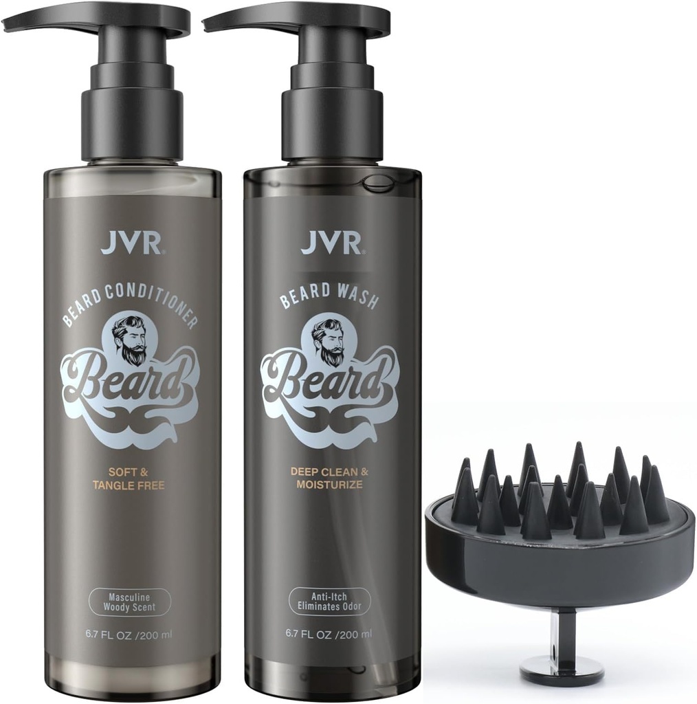 JVR Beard Wash and Beard Conditioner for men, Beard Shampoo Cleanse and Reduces Frizz, Soften & Simptens, Organic with Coconut, Aloe, Provides Shine for Dry & Coasse Beards, Beard Care (6.7oz)