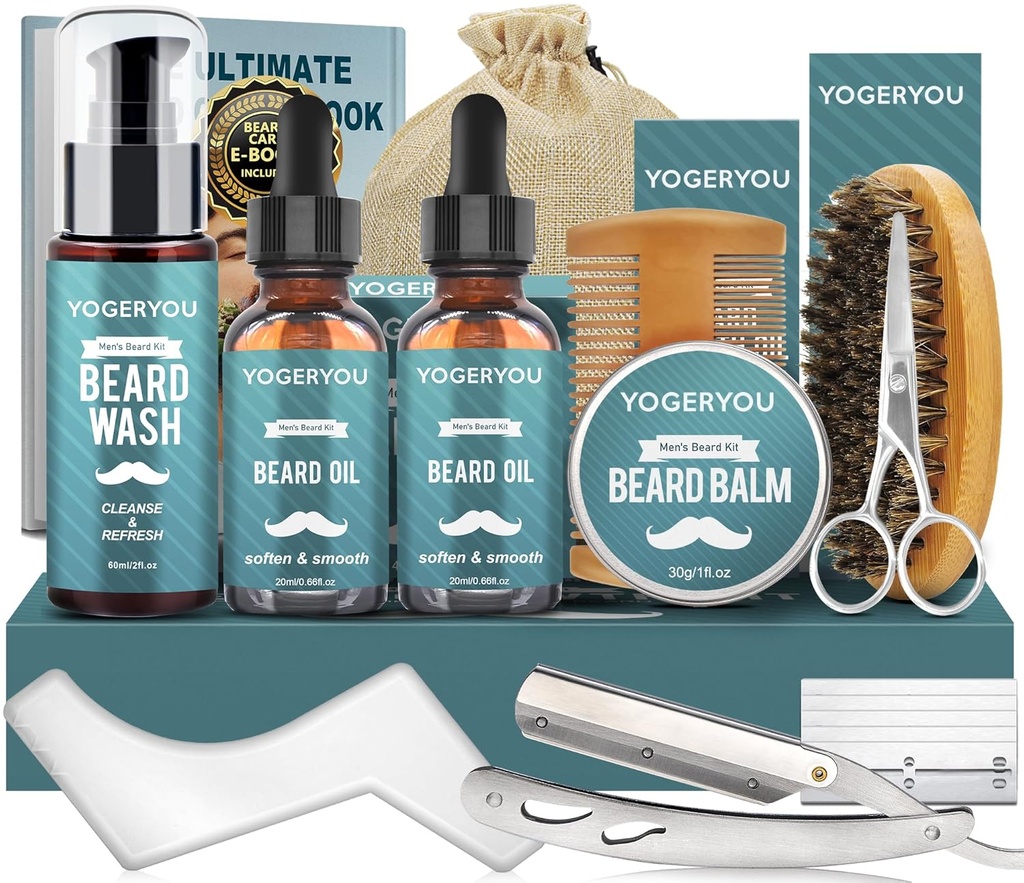 Beard Kit, Beard Grooming Kit pro muže W / Straight Razor, 2 PACK Beard Oil, Wash, Balm, Brush, Comb, Nůžky Mens Narozeniny vánoční dárky pro muže Boyfriend Manžel Bradavka Trimming Hořící Kit