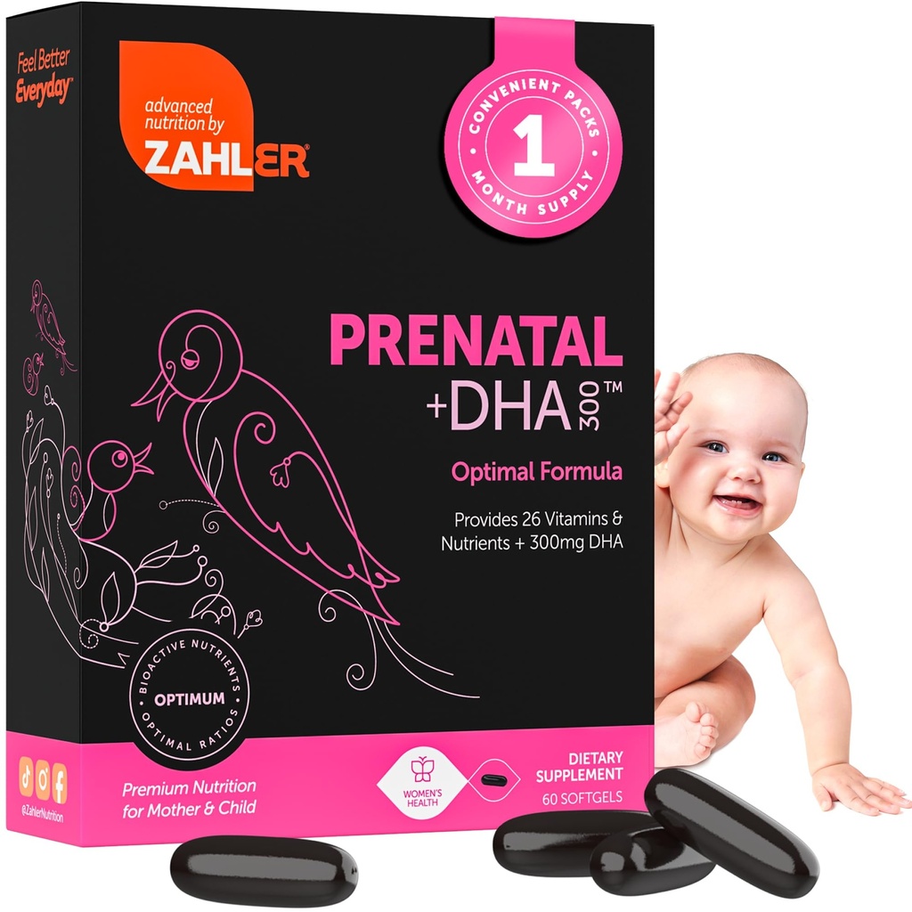 Zahler Prenatal Vitamin s DHA & Folát - DHA doplňky a Prenatal Multivitamin pro matku a dítě - Kosher Prenatal DHA Prenatal Vitaminy s železem, Pre Natal Softgels 60 Počet