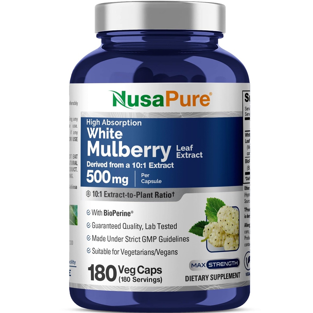 NusaPure White Mulberry Leaf Extract 10: 1 Extract, 500 mg Ekvivalentní s 5000mg 180 Veg Caps (Vegan, Non GMO Bioperin)