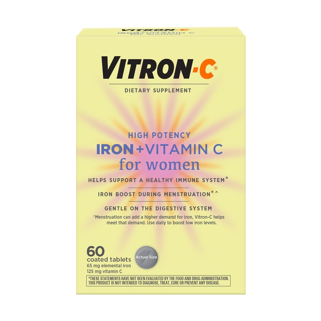 Vitron- C doplněk železa pro ženy s vitamínem C, pro výrobu červených krvinek a imunitní podporu, 60 Počet