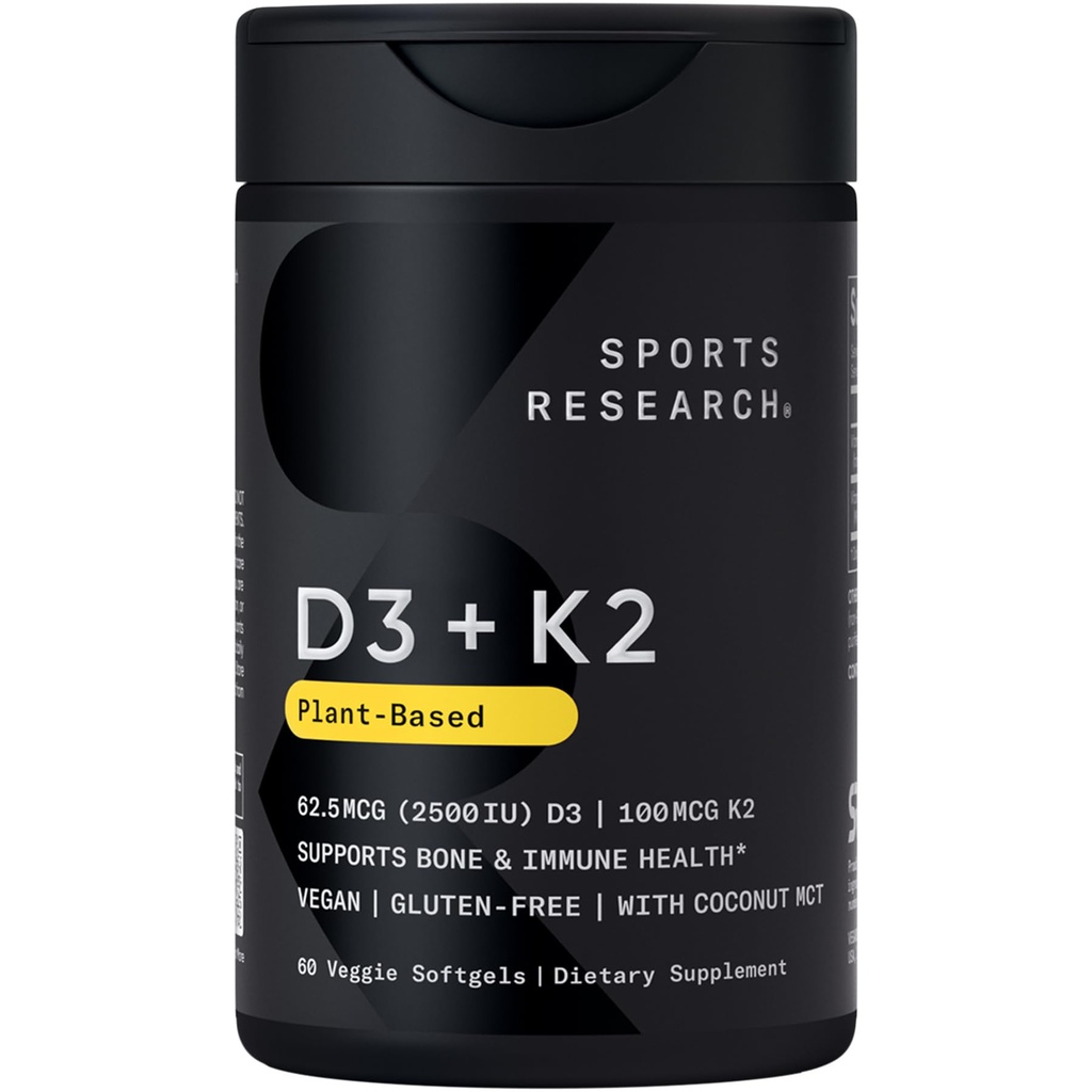 Sports Research ® Vitamin D3 + K2 w / Kokosový olej - Vegan Vitamin D 2500iu (62.5mcg) & Mk7 Vitamin K 100mcg pro podporu kostí a imunity - Vegan Certified · Non- GMO · Soy Free - 60 Softgels