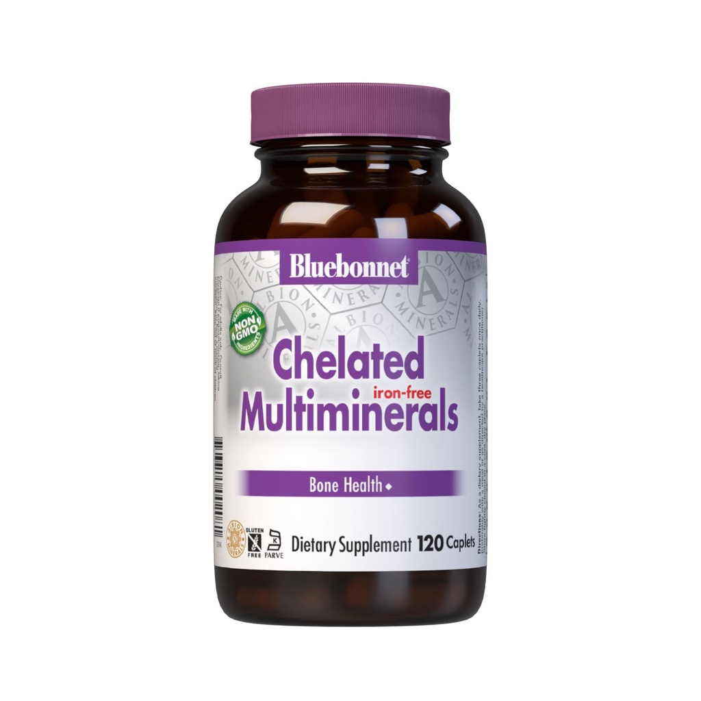 Bluebonnet Nutrition High Potency Chelated Multiminerals (Iron- Free), Albion Chelated Minerals, Soy- Free, gluten- Free, Non-GMO, Kosher Certified, Dairy- Free, 120 Caplet, 40 Služeb