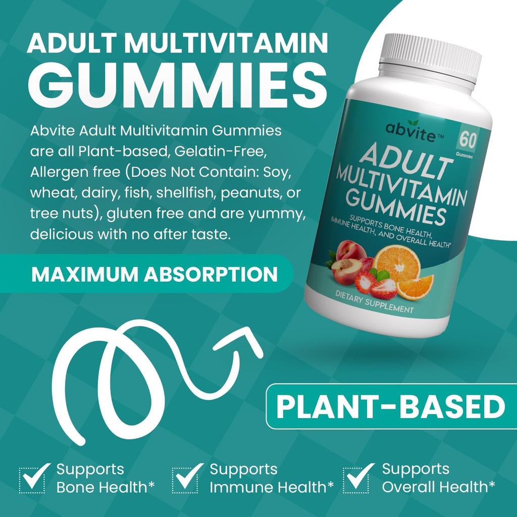 Plant- based Multivitamin Gummies, Denní multivitamíny pro muže a ženy s vitamíny A, C, D, E, B-3, B-6, B-12, Biotin, inositol, Non- GMO, gluten Free, 60 Počet (30 dní dodávky)