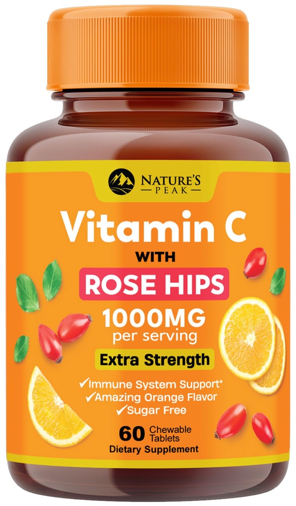 Vitamin C 1000mg Žvýkací dodatek - Extra síla imunitní podpora Vitamin C Dietní dodatek s Rose HIPS, Příroda Vitamin Antioxidant Podpora, Přírodní, Vegan, Orange Flavor - 60 Tablety