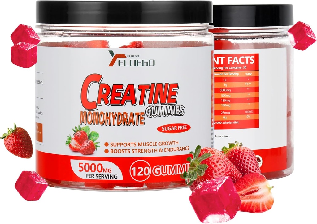 Kreatin Monohydrát Gummies 5000mg Cukr zdarma pro muže a ženy, s L- Taurin + vitamín B12 pro svalovou sílu, budování svalů, Energy Boost, Pre- Workout Dodatek, Jahoda, 120 Počet