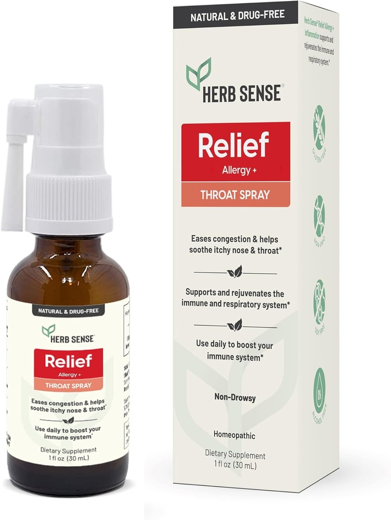Herb Sense Alergie Relief, Krční sprej, Chlazení a mýdlo, Denní podpora, Drog- Free, Přírodní, Imunitní podpora, 1 oz, Gluten- Free, Non- GMO