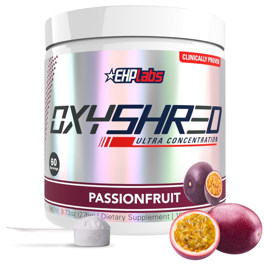EHP Labs OxyShred Pre Workout Powder & Shredding Supplementary - Presping Powder with L Glutamine & Acetyl L Carnitin, Energy Boost Drink - Passionfruit, 60 Servings