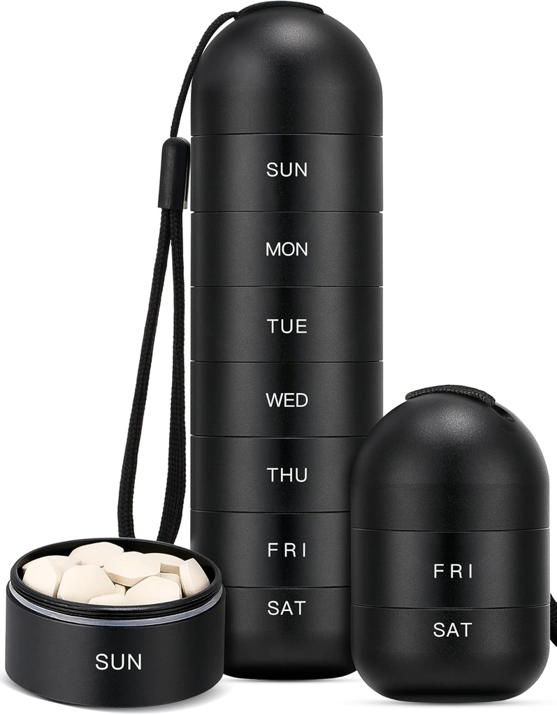 Zannaki Upgrade Velký Metal Travel Pill Organizátor, Vodotěsný Týdenní Pill Box, Přenosný hliníkový Alloy Pill Pouzdro Kontejner, BPA Volný 7 Day Denní medicína Organizátor Držák pro vitamín, pilulky, dodatek