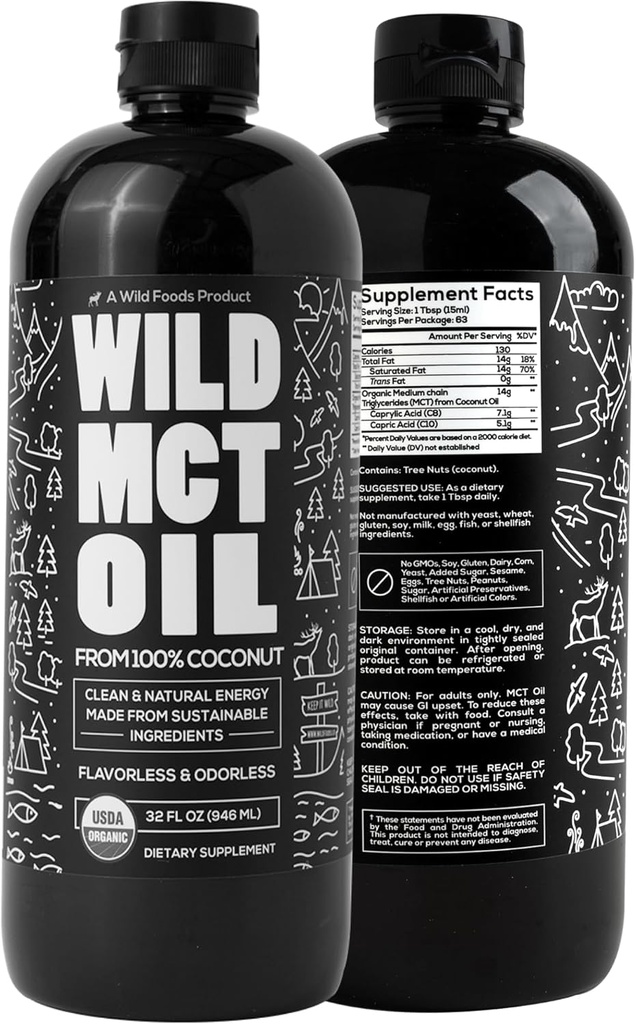 Wild MCT Oil Organic Coconut - 32 fl oz - ze 100% přírodní kokos - Flavorless & Odorless C10 / C8 MCT Olej pro energii a kognitivní podporu - Keto- Friendly - Perfektní pro kávu, třepání a recepty