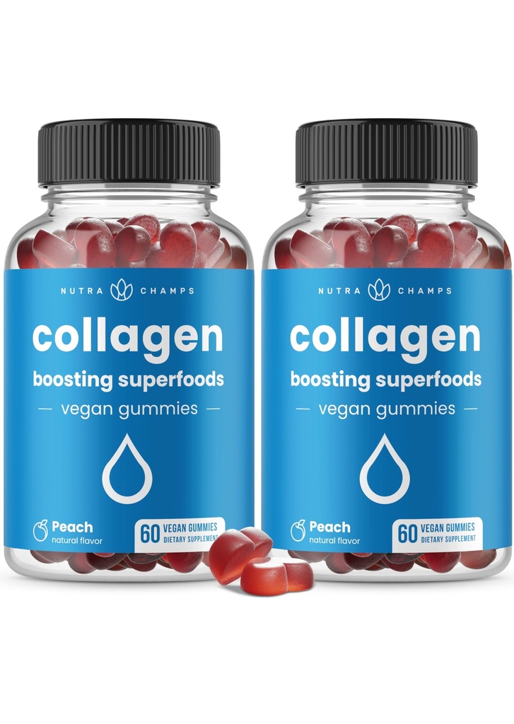 NutraChamps Kolagen Zvýšení gumy, Kolagen Booster Gummy pro přírodní kolagen výroba, Vegan Pectin doplňky Žvýkačky pro ženy a muže, 60 Peach Gummies (Balení 2)