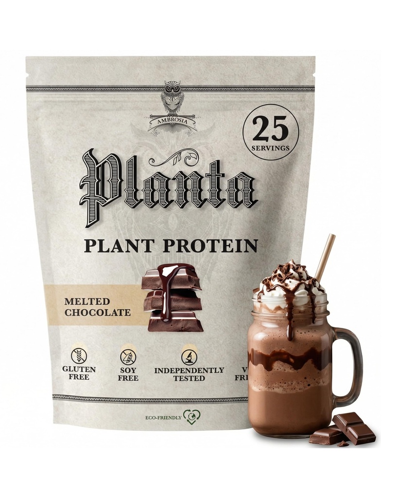 Ambrosia Planta - Premium Plant- Based Protein current 124; Vegan & Keto Friendly current124; Gourmet Flavors with No Floating or Stomach Upset current124; Gluten & Soy Free current 124; No Added Sugar current124; 25 Servings currency 124; Melted Chocolate