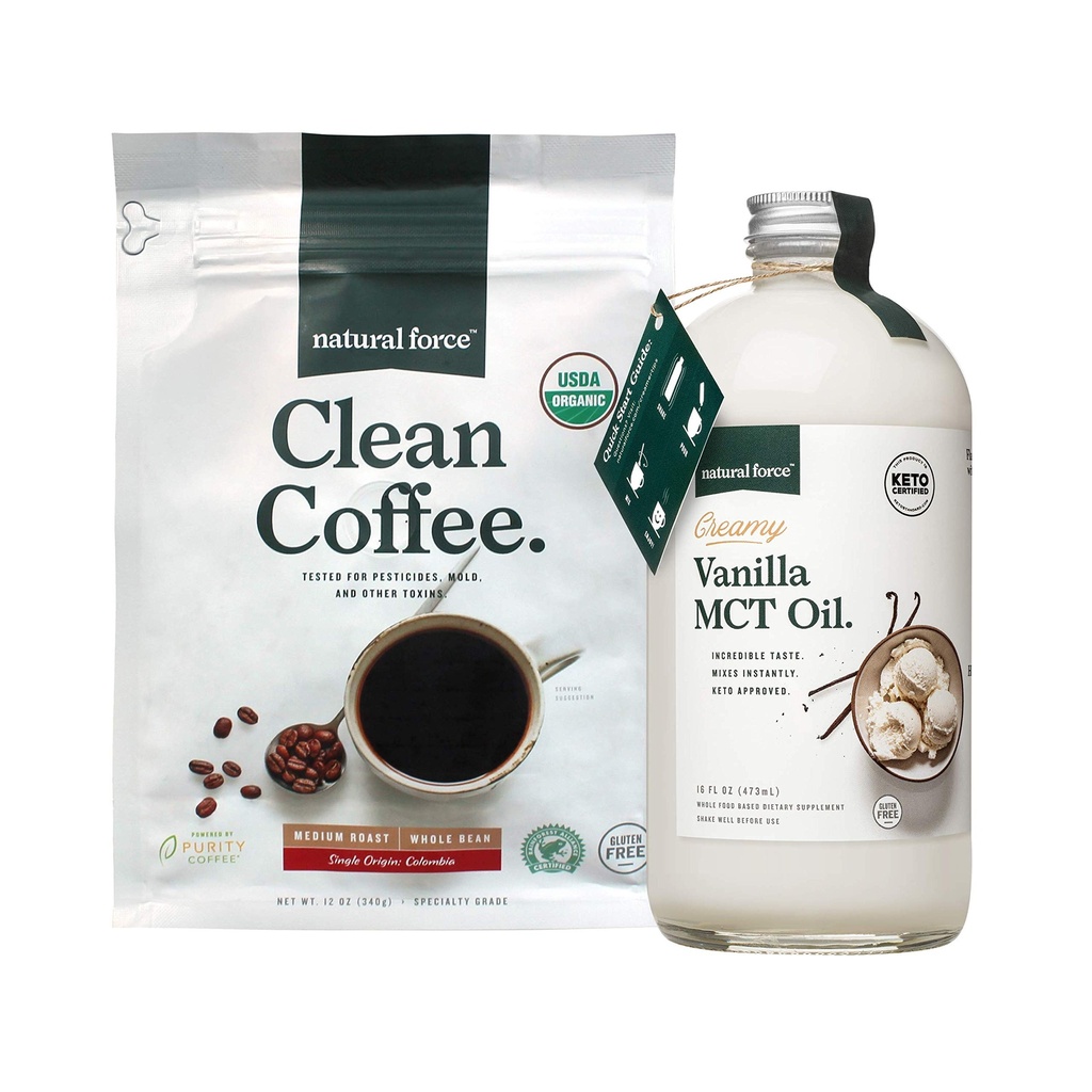 Natural Force Organic Clean Coffee + krémová vanilka MCT Oil Bundle - ochucené MCT Creamer & Mold & Mycotoxin Free Coffee - Non- GMO, Keto, Paleo, a Vegan - 12 Oz Bag a 16 Oz skleněná láhev