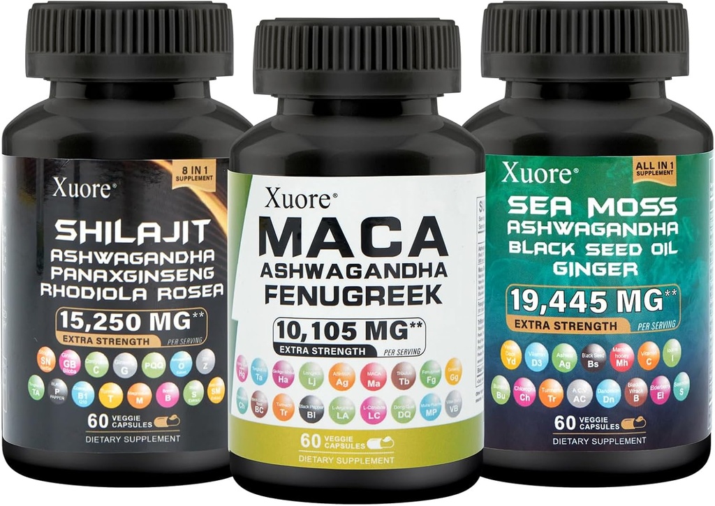 Bundle of Sea Moss, Shilajit, Maca, Black Seed Oil, Ashwagandha, Ginger, Shilajit, Rhodiola Rosea, Panax Ginseng, Maca Root, Fenugreek, Trifibranol100X, Vše v 1 Doplňky (1 balení)