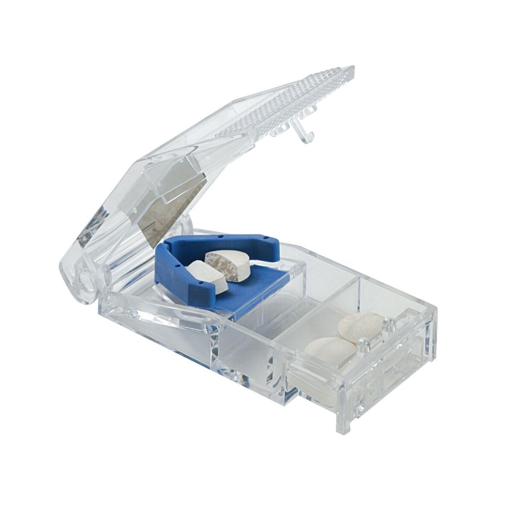 EZY DOSE Pill Cutter a Splitter se zámkem, Odřezky pilulky, Vitamíny, Tablety, Nerezová ocel čepel, Travel Sized, Bezpečně řezané pilulky a vitamíny, snadné použití, modrá, BPA zdarma