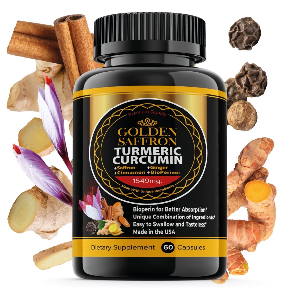 GOLDEN SAFFRON Kurkumin dodatek s bioperínou, Saffron, Skořice, a Ginger - vysoká potence, Non-GMO, gluten- Volný dodatek pro lepší účinnost. Vyrobeno v USA